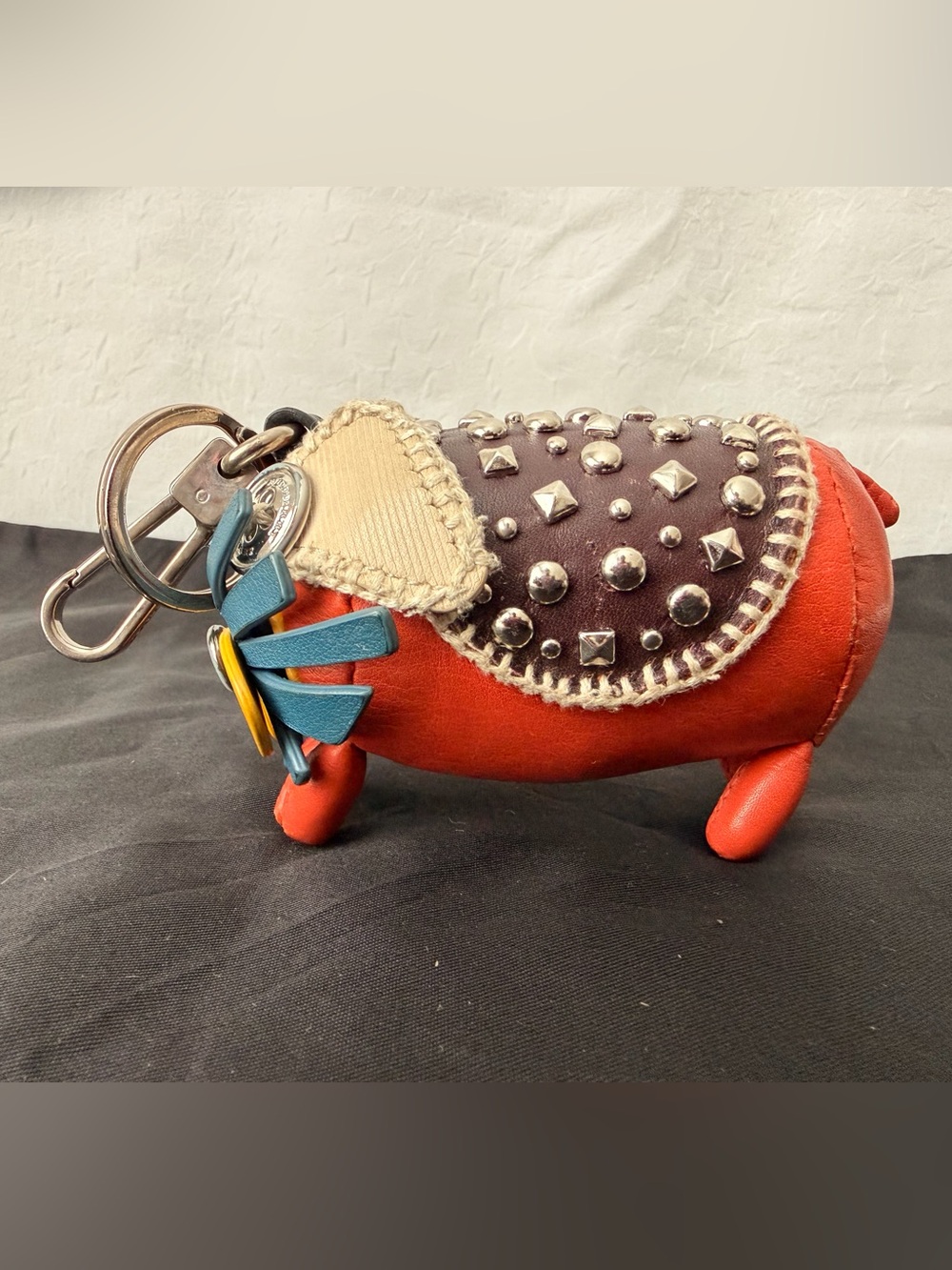 Auth Burberry Pig Studded Saddle Tassel Bag Keyring/Charm